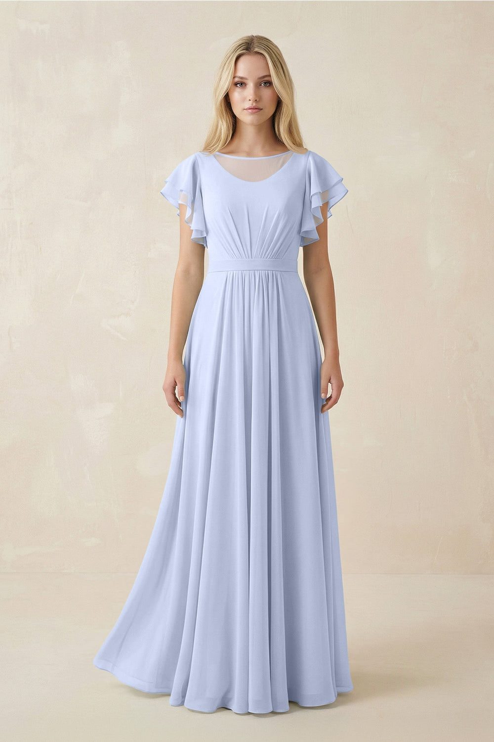 Cap Sleeve Ruffled A - Line Chiffon Bridesmaid Dress in Ice - KISS BRIDAL Bridesmaid Dresses