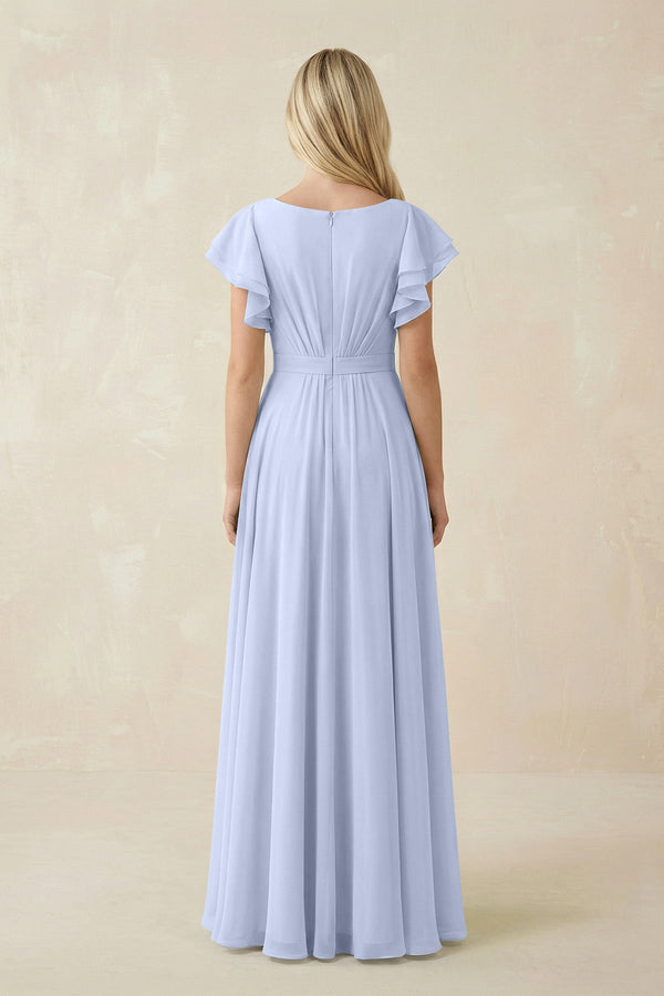 Cap Sleeve Ruffled A - Line Chiffon Bridesmaid Dress in Ice - KISS BRIDAL Bridesmaid Dresses