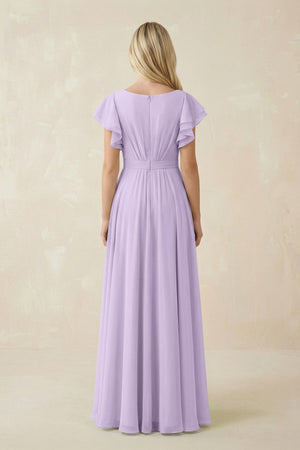 Cap Sleeve Ruffled A - Line Chiffon Bridesmaid Dress in Lavender - KISS BRIDAL Bridesmaid Dresses