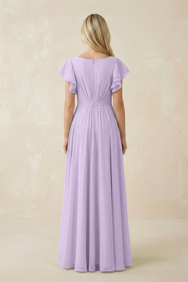 Cap Sleeve Ruffled A - Line Chiffon Bridesmaid Dress in Lavender - KISS BRIDAL Bridesmaid Dresses