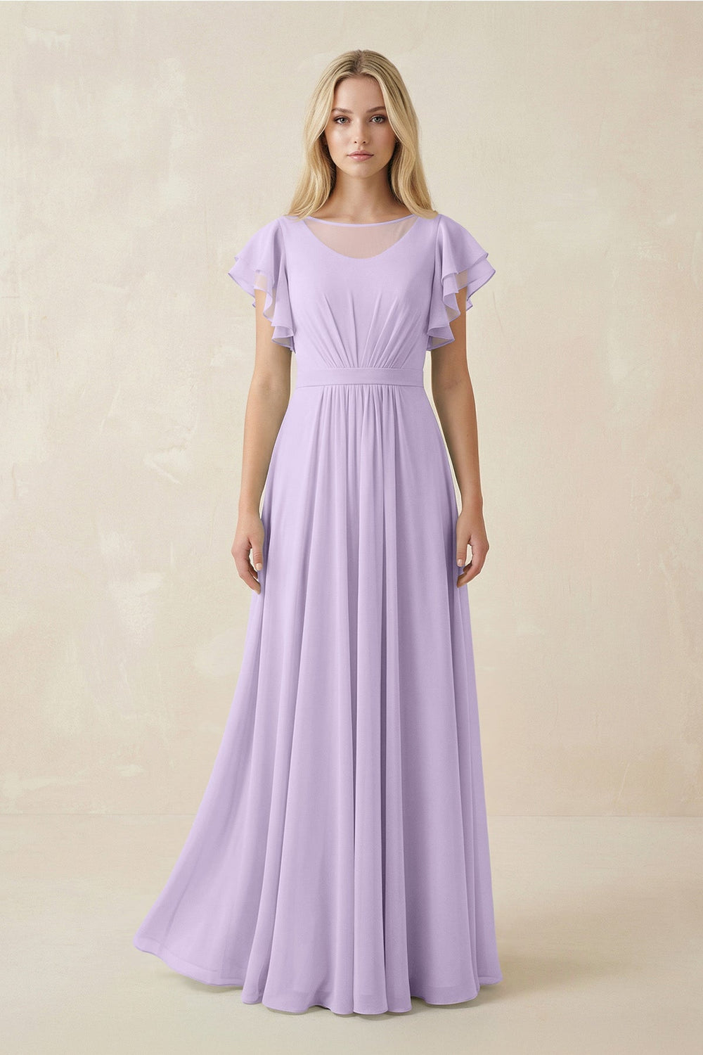 Cap Sleeve Ruffled A - Line Chiffon Bridesmaid Dress in Lavender - KISS BRIDAL Bridesmaid Dresses