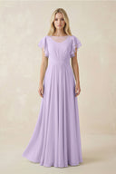 Cap Sleeve Ruffled A - Line Chiffon Bridesmaid Dress in Lavender - KISS BRIDAL Bridesmaid Dresses