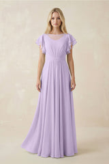 Cap Sleeve Ruffled A - Line Chiffon Bridesmaid Dress in Lavender - KISS BRIDAL Bridesmaid Dresses