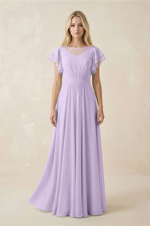 Cap Sleeve Ruffled A - Line Chiffon Bridesmaid Dress in Lavender - KISS BRIDAL Bridesmaid Dresses