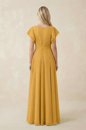 Cap Sleeve Ruffled A - Line Chiffon Bridesmaid Dress in Marigold - KISS BRIDAL Bridesmaid Dresses