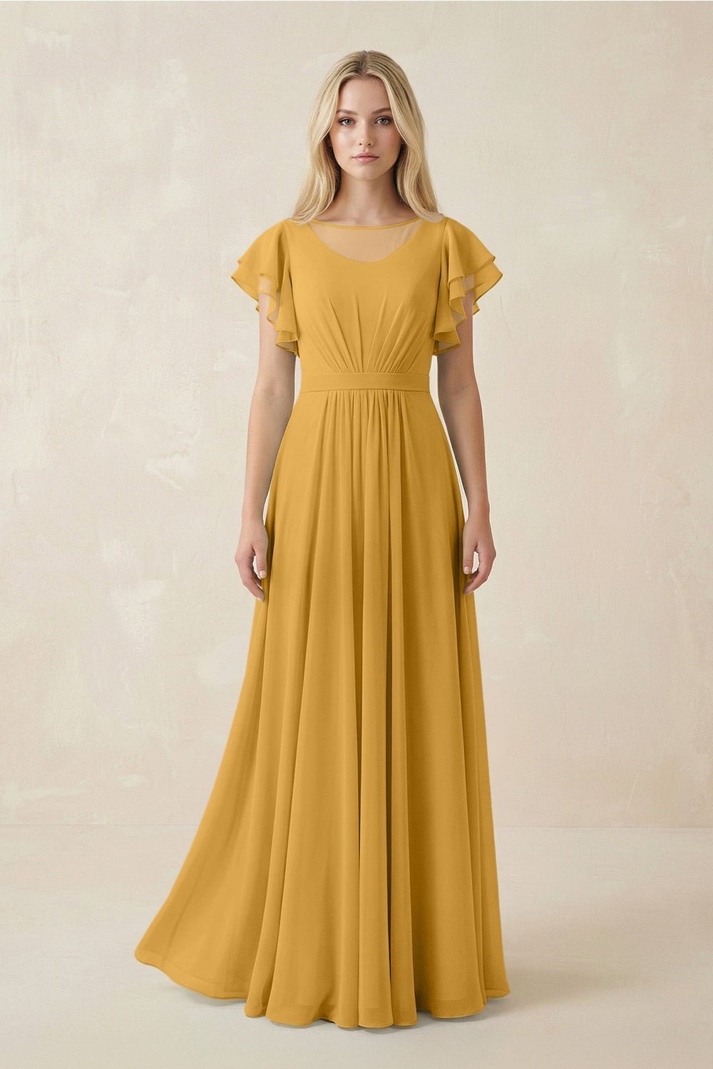 Cap Sleeve Ruffled A - Line Chiffon Bridesmaid Dress in Marigold - KISS BRIDAL Bridesmaid Dresses