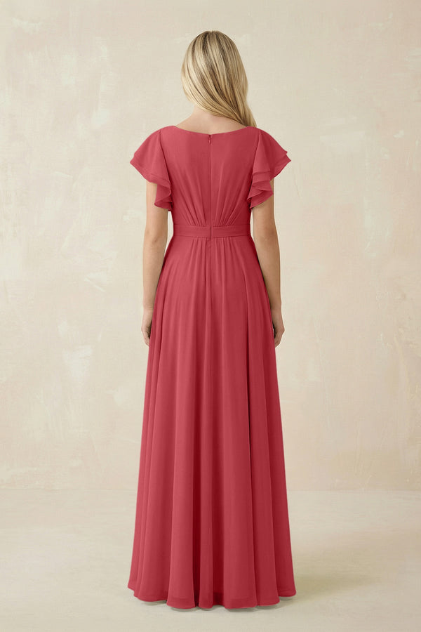Cap Sleeve Ruffled A - Line Chiffon Bridesmaid Dress in Merlot - KISS BRIDAL Bridesmaid Dresses