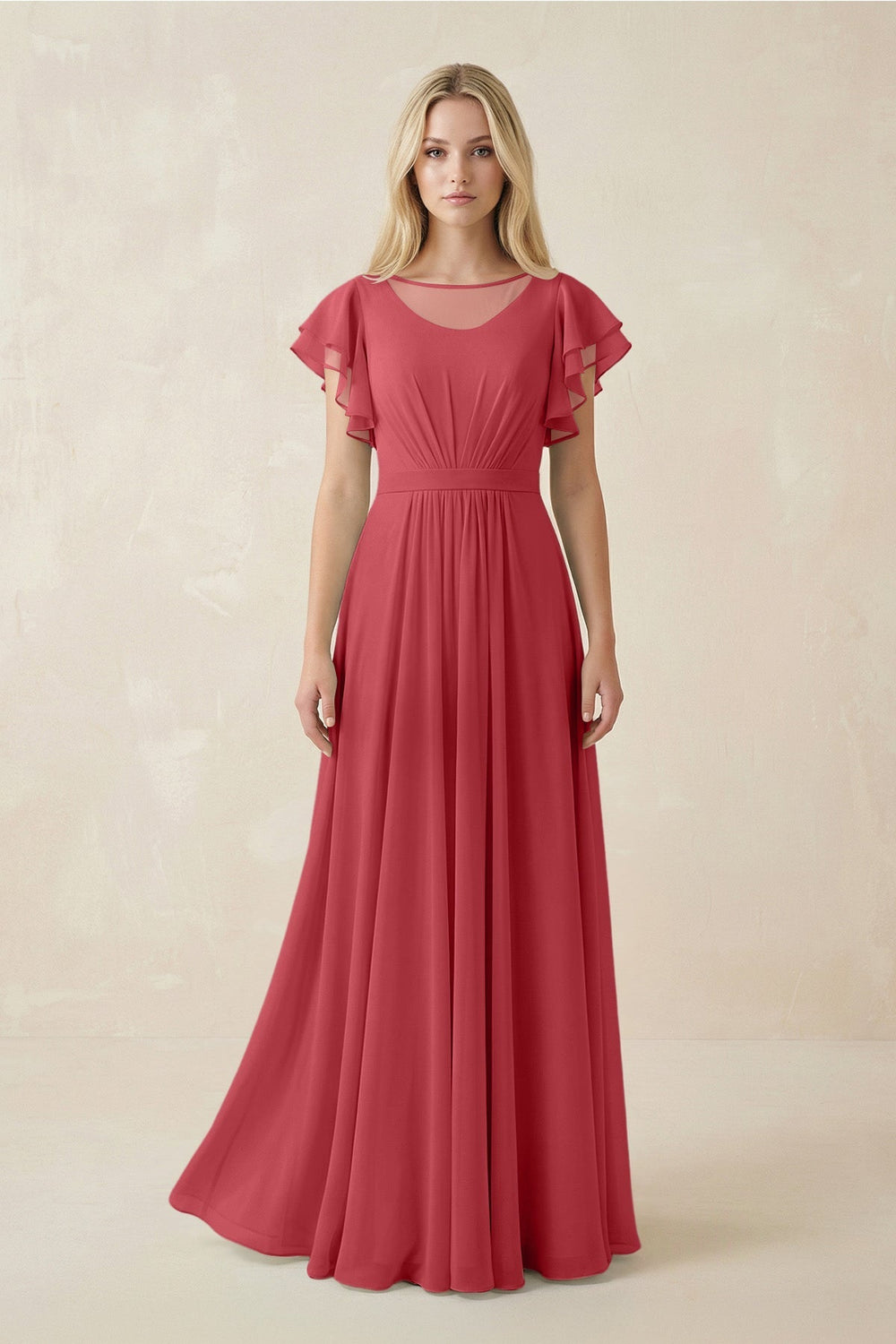 Cap Sleeve Ruffled A - Line Chiffon Bridesmaid Dress in Merlot - KISS BRIDAL Bridesmaid Dresses