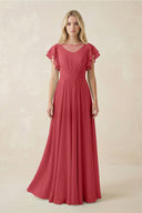 Cap Sleeve Ruffled A - Line Chiffon Bridesmaid Dress in Merlot - KISS BRIDAL Bridesmaid Dresses