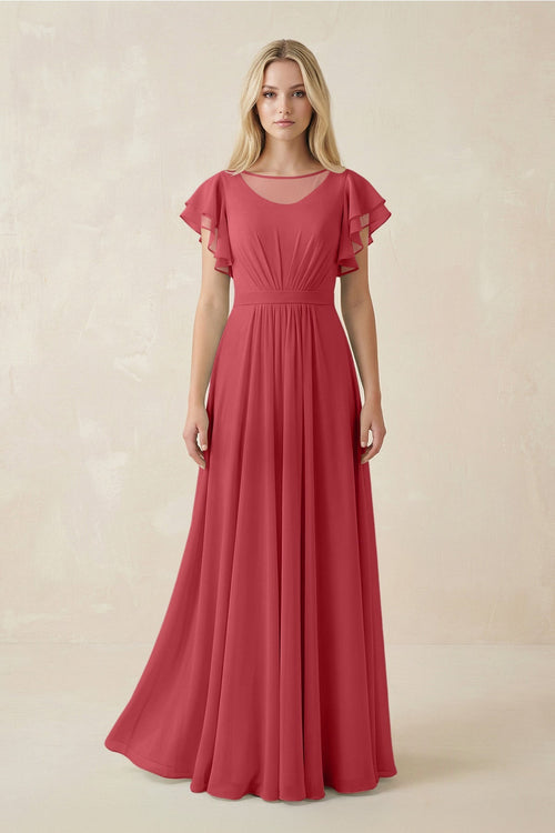 Cap Sleeve Ruffled A - Line Chiffon Bridesmaid Dress in Merlot - KISS BRIDAL Bridesmaid Dresses
