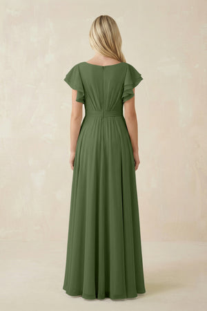 Cap Sleeve Ruffled A-Line Chiffon Bridesmaid Dress in Moss (2) | KISSBRIDAL