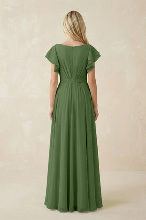 Cap Sleeve Ruffled A - Line Chiffon Bridesmaid Dress in Moss - KISS BRIDAL Bridesmaid Dresses