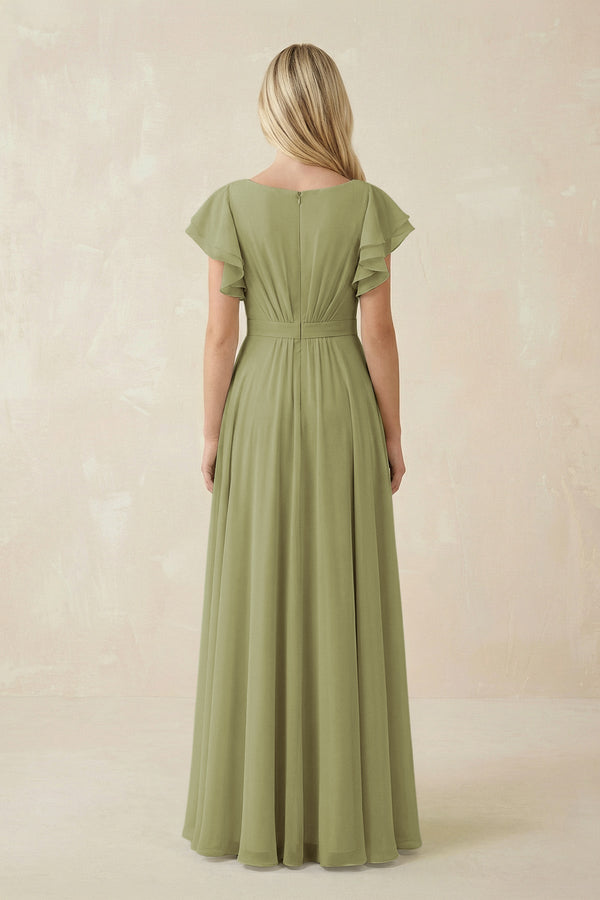 Cap Sleeve Ruffled A - Line Chiffon Bridesmaid Dress in Moss Green - SHE IS ME Bridesmaid Dresses