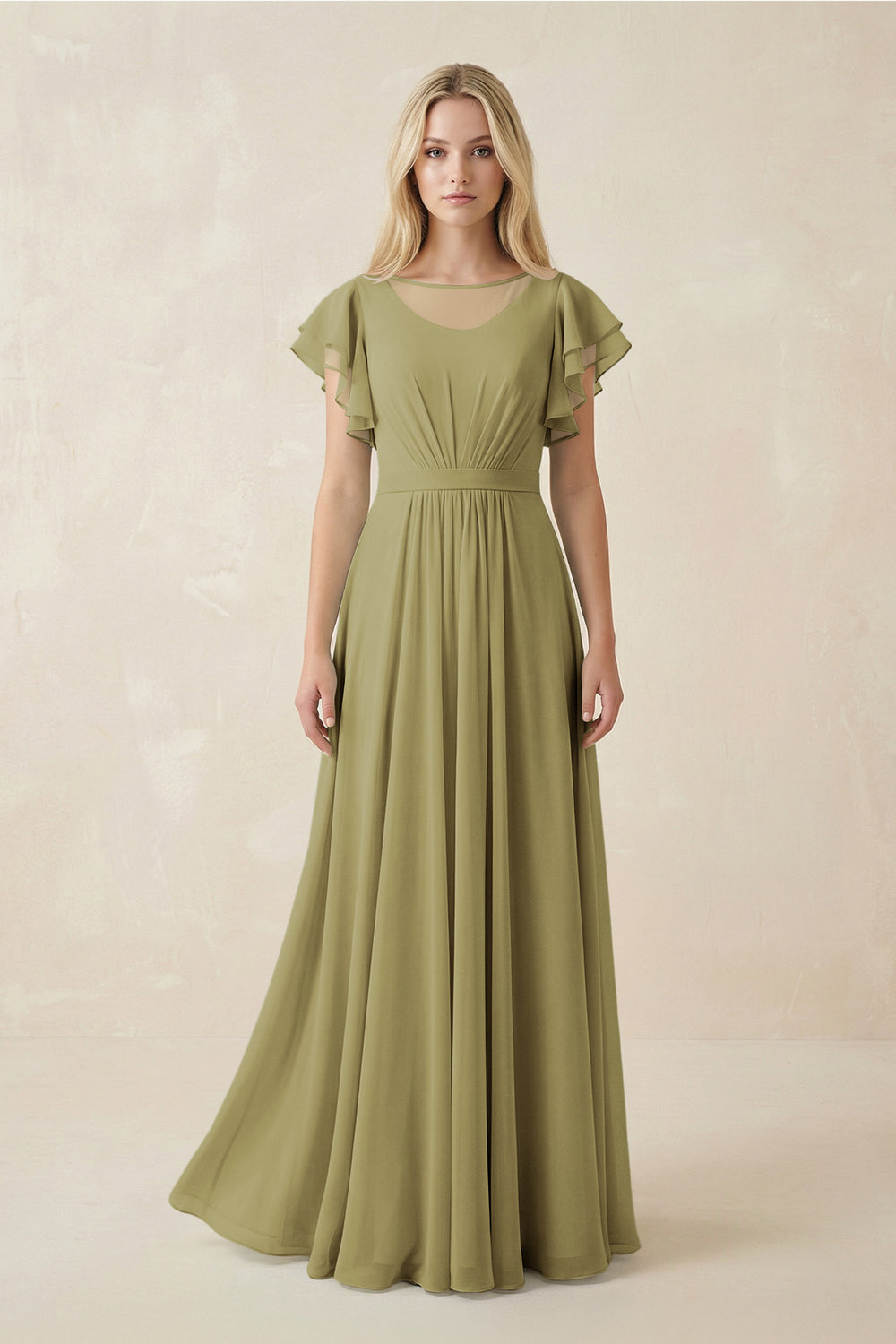 Cap Sleeve Ruffled A-Line Chiffon Bridesmaid Dress in Moss Green