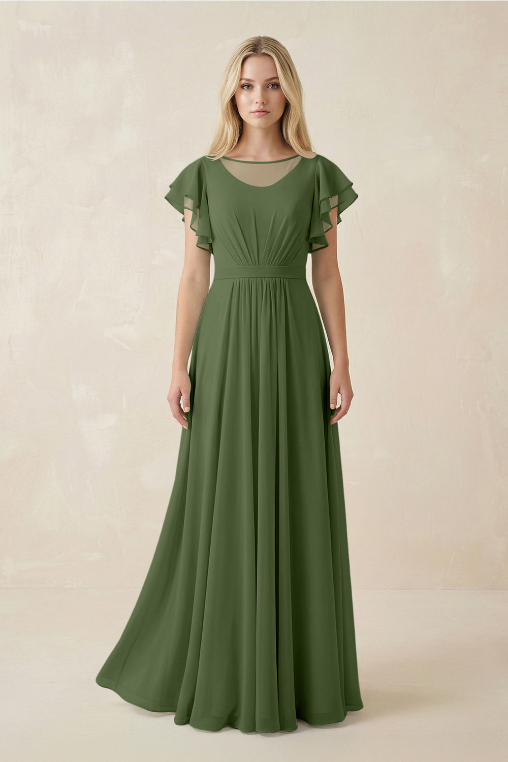 Cap Sleeve Ruffled A-Line Chiffon Bridesmaid Dress in Moss