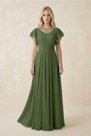 Cap Sleeve Ruffled A-Line Chiffon Bridesmaid Dress in Moss | KISSBRIDAL