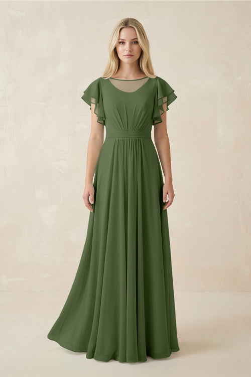Cap Sleeve Ruffled A-Line Chiffon Bridesmaid Dress in Moss | KISSBRIDAL