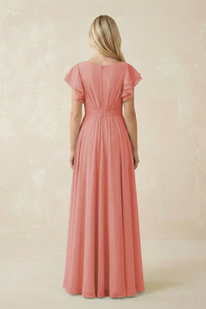 Cap Sleeve Ruffled A - Line Chiffon Bridesmaid Dress in Mulberry - KISS BRIDAL Bridesmaid Dresses
