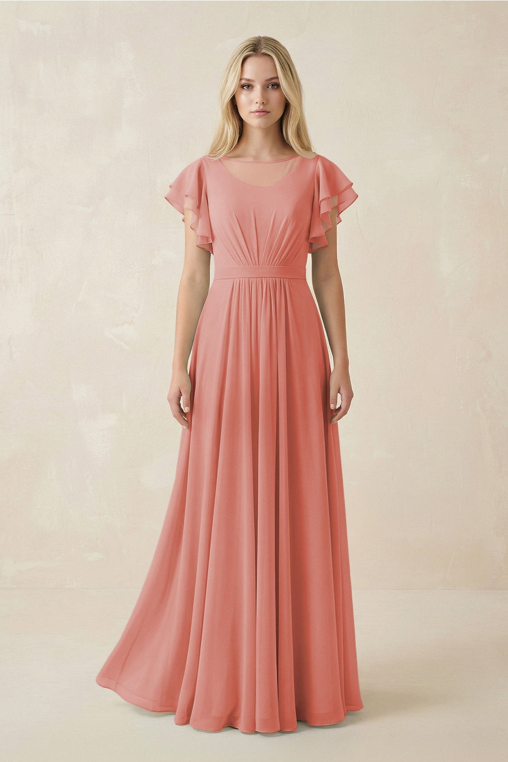 Cap Sleeve Ruffled A - Line Chiffon Bridesmaid Dress in Mulberry - KISS BRIDAL Bridesmaid Dresses