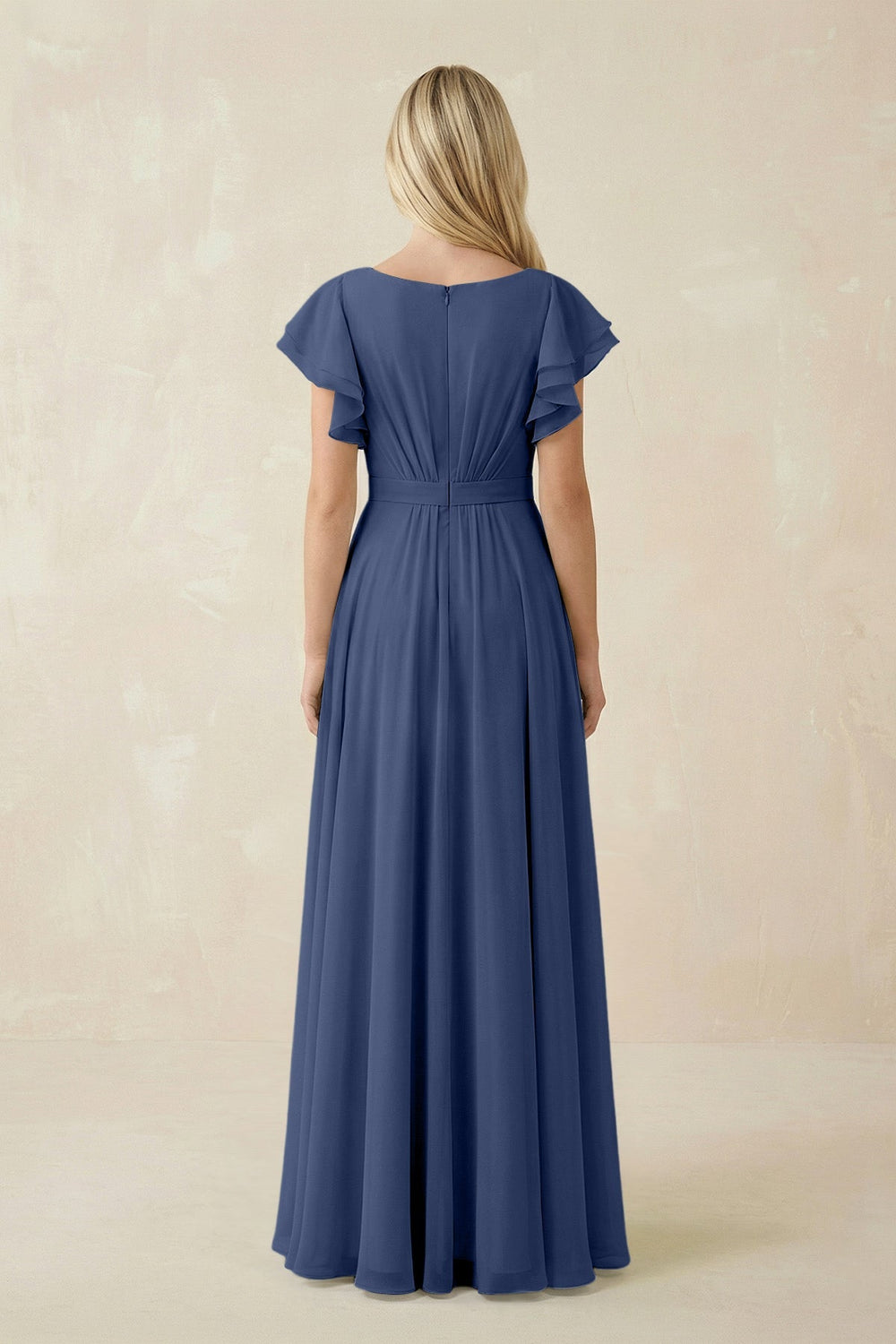 Cap Sleeve Ruffled A - Line Chiffon Bridesmaid Dress in Navy - KISS BRIDAL Bridesmaid Dresses