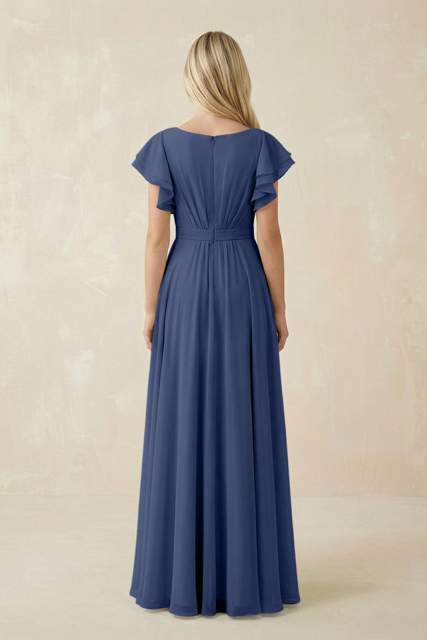 Cap Sleeve Ruffled A - Line Chiffon Bridesmaid Dress in Navy - KISS BRIDAL Bridesmaid Dresses