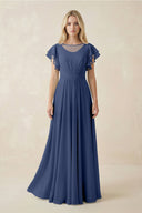 Cap Sleeve Ruffled A - Line Chiffon Bridesmaid Dress in Navy - KISS BRIDAL Bridesmaid Dresses