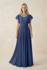 Cap Sleeve Ruffled A - Line Chiffon Bridesmaid Dress in Navy - KISS BRIDAL Bridesmaid Dresses