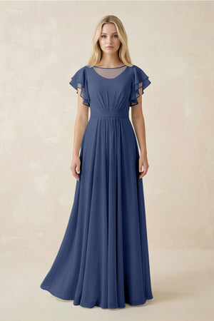 Cap Sleeve Ruffled A - Line Chiffon Bridesmaid Dress in Navy - KISS BRIDAL Bridesmaid Dresses