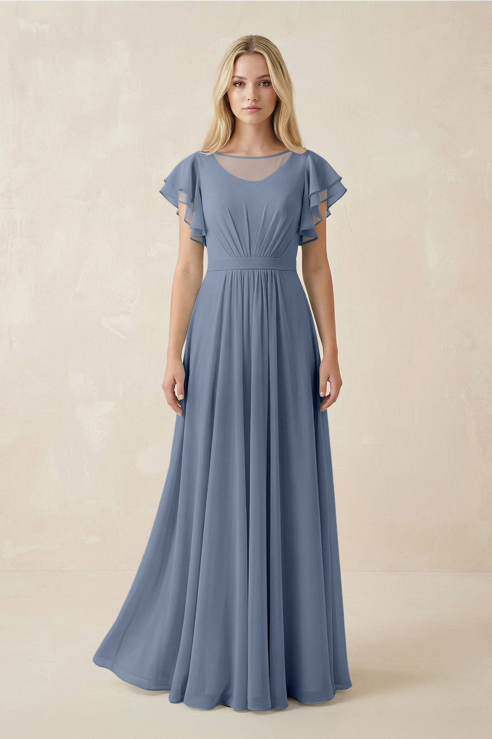 Cap Sleeve Ruffled A - Line Chiffon Bridesmaid Dress in Neptune - KISS BRIDAL Bridesmaid Dresses