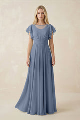 Cap Sleeve Ruffled A - Line Chiffon Bridesmaid Dress in Neptune - KISS BRIDAL Bridesmaid Dresses