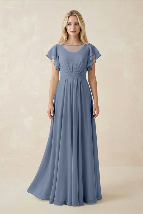 Cap Sleeve Ruffled A - Line Chiffon Bridesmaid Dress in Neptune - KISS BRIDAL Bridesmaid Dresses