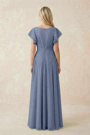 Cap Sleeve Ruffled A - Line Chiffon Bridesmaid Dress in Neptune - KISS BRIDAL Bridesmaid Dresses