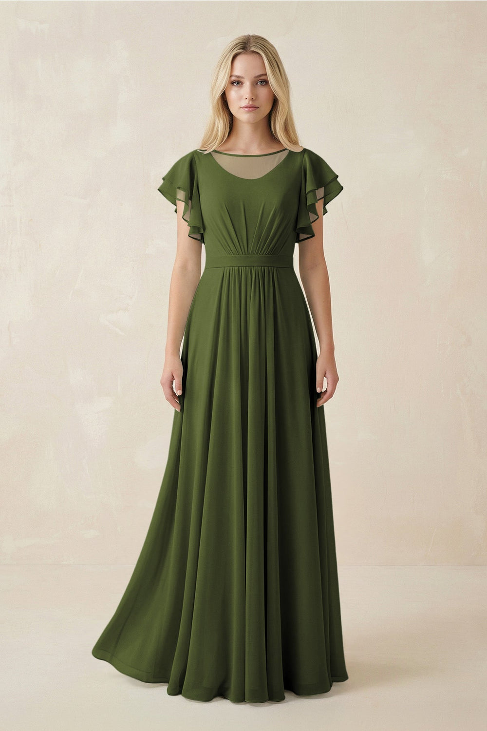 Cap Sleeve Ruffled A - Line Chiffon Bridesmaid Dress in Olive - KISS BRIDAL Bridesmaid Dresses
