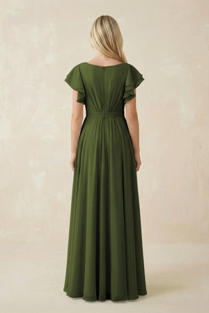 Cap Sleeve Ruffled A - Line Chiffon Bridesmaid Dress in Olive - KISS BRIDAL Bridesmaid Dresses