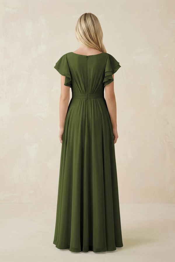 Cap Sleeve Ruffled A - Line Chiffon Bridesmaid Dress in Olive - KISS BRIDAL Bridesmaid Dresses