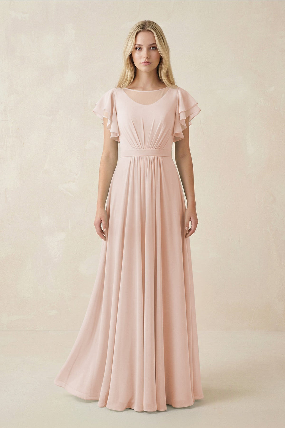 Cap Sleeve Ruffled A - Line Chiffon Bridesmaid Dress in Pale Blush - KISS BRIDAL Bridesmaid Dresses