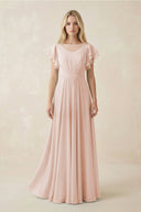 Cap Sleeve Ruffled A - Line Chiffon Bridesmaid Dress in Pale Blush - KISS BRIDAL Bridesmaid Dresses