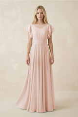 Cap Sleeve Ruffled A - Line Chiffon Bridesmaid Dress in Pale Blush - KISS BRIDAL Bridesmaid Dresses
