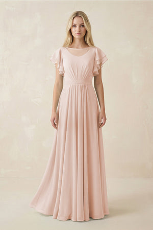 Cap Sleeve Ruffled A - Line Chiffon Bridesmaid Dress in Pale Blush - KISS BRIDAL Bridesmaid Dresses