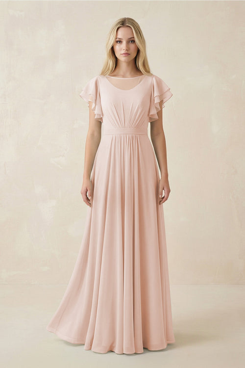 Cap Sleeve Ruffled A - Line Chiffon Bridesmaid Dress in Pale Blush - KISS BRIDAL Bridesmaid Dresses