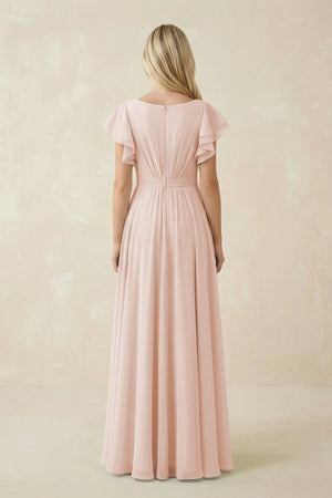 Cap Sleeve Ruffled A - Line Chiffon Bridesmaid Dress in Pale Blush - KISS BRIDAL Bridesmaid Dresses