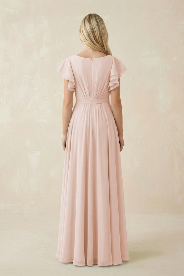Cap Sleeve Ruffled A - Line Chiffon Bridesmaid Dress in Pale Blush - KISS BRIDAL Bridesmaid Dresses