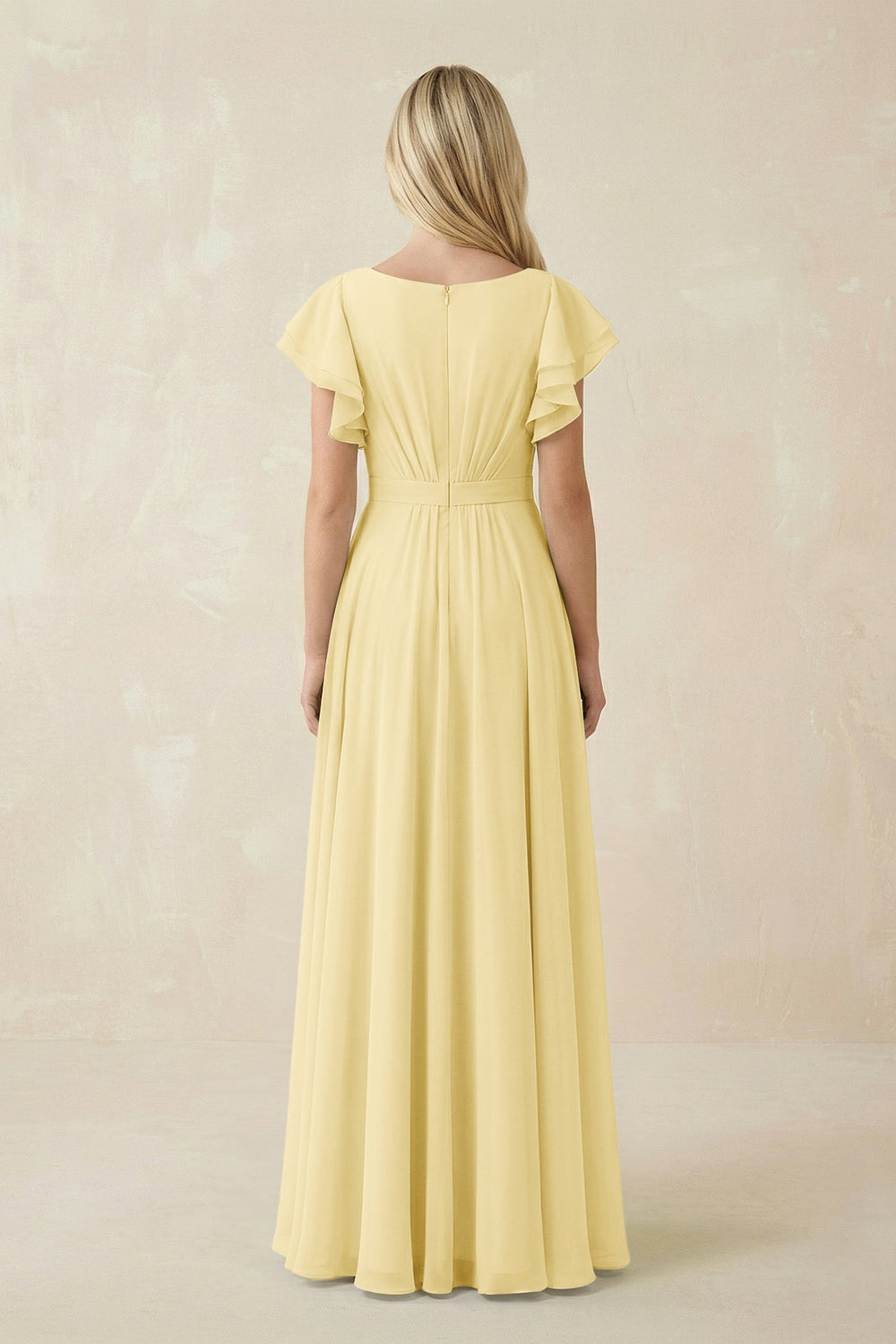 Cap Sleeve Ruffled A - Line Chiffon Bridesmaid Dress in Pastel Yellow - KISS BRIDAL Bridesmaid Dresses