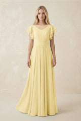 Cap Sleeve Ruffled A - Line Chiffon Bridesmaid Dress in Pastel Yellow - KISS BRIDAL Bridesmaid Dresses