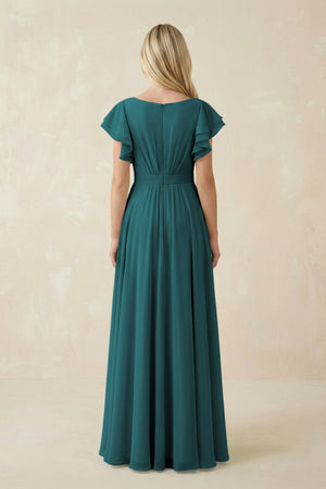 Cap Sleeve Ruffled A - Line Chiffon Bridesmaid Dress in Pine - KISS BRIDAL Bridesmaid Dresses