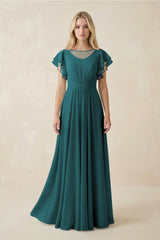 Cap Sleeve Ruffled A - Line Chiffon Bridesmaid Dress in Pine - KISS BRIDAL Bridesmaid Dresses