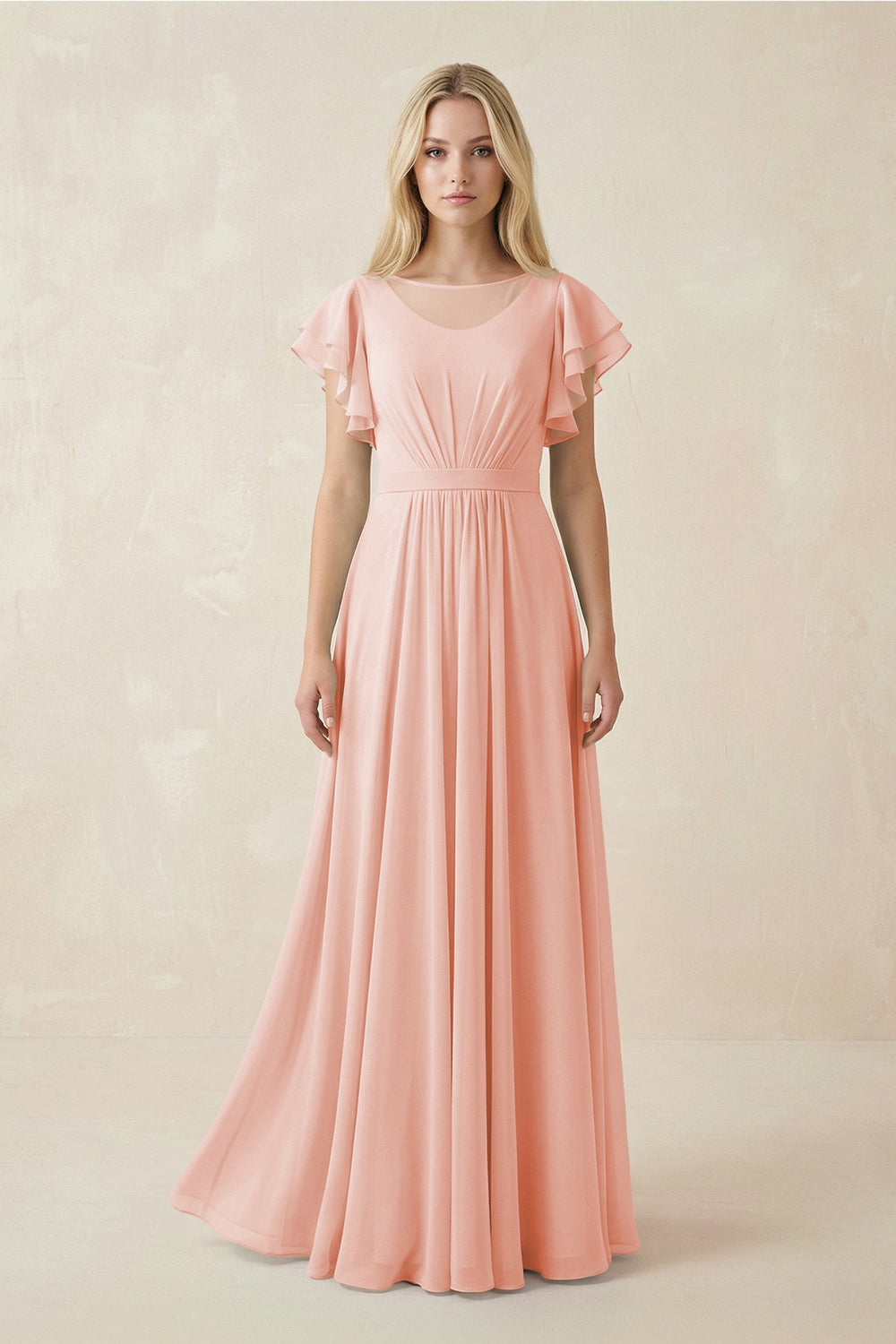 Cap Sleeve Ruffled A - Line Chiffon Bridesmaid Dress in Rose Petal - SHE IS ME Bridesmaid Dresses