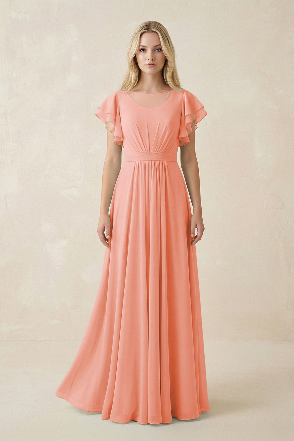 Cap Sleeve Ruffled A - Line Chiffon Bridesmaid Dress in Rosette - KISS BRIDAL Bridesmaid Dresses