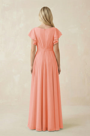 Cap Sleeve Ruffled A - Line Chiffon Bridesmaid Dress in Rosette - KISS BRIDAL Bridesmaid Dresses