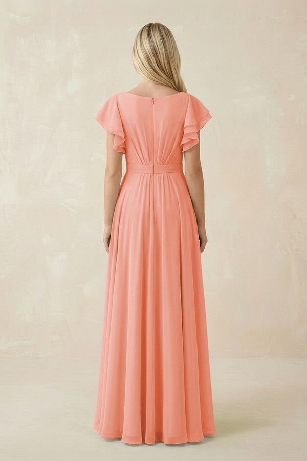 Cap Sleeve Ruffled A - Line Chiffon Bridesmaid Dress in Rosette - KISS BRIDAL Bridesmaid Dresses